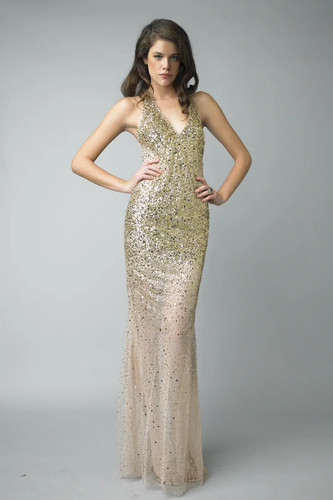 Sequined halter column gown - sequined,